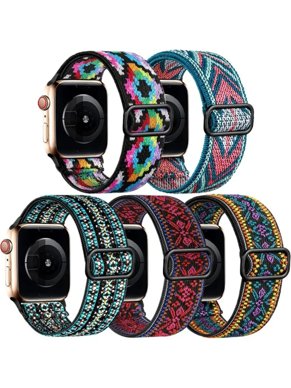 5 Pack Stretchy Elastic Bands for Apple Watch 38mm-46mm, Boho Nylon Wrist Straps